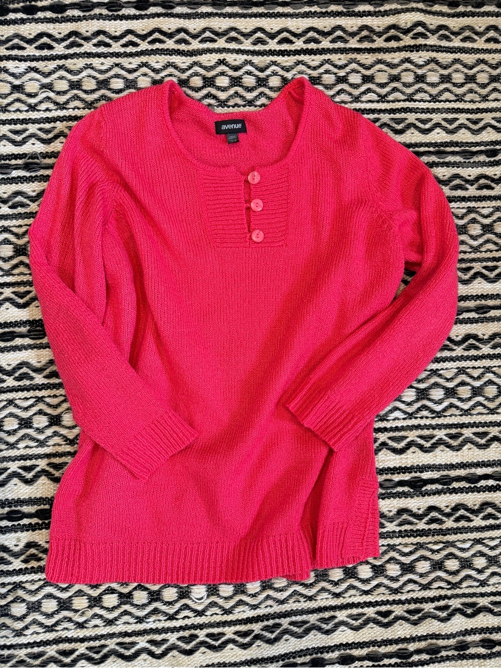 Avenue Hot Pink Button-Placket Crewneck Sweater